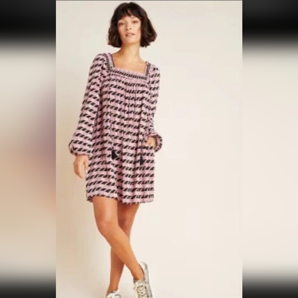 Anthropology Maeve Adrienne Square Neck Geometric Boho Tunic Dress Pink Sz Small